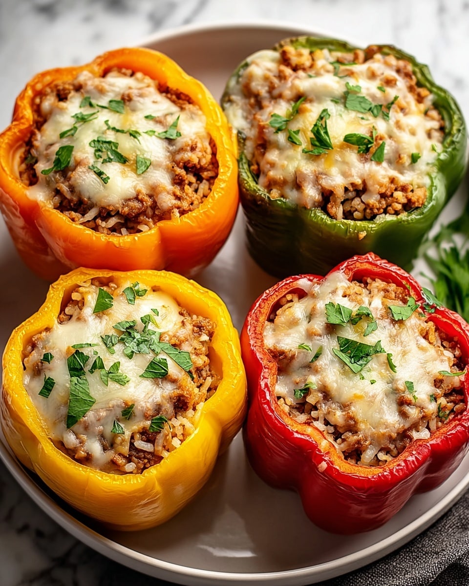 Four stuffed bell peppers sit in a white dish on a white marbled texture surface. Each pepper serves as a hollow edible bowl, with one red pepper in the front right, one orange in the front left, one yellow in the back left, and one green in the back right. The peppers are filled with a mix of cooked ground meat and rice, showing a textured brown and white layer full to the top. On top of the filling is a melty layer of white and yellow cheese that looks soft and gooey, sprinkled with small green parsley pieces. The peppers’ skin is shiny and slightly wrinkled from cooking, showing a vibrant, fresh tone. Photo taken with an iphone --ar 4:5 --v 7