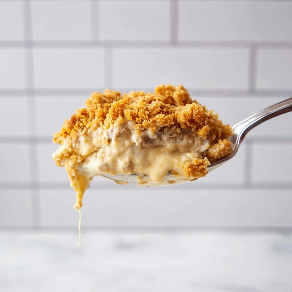 A close-up of a baked dish in a dark baking pan showing two visible layers: a top layer of golden brown crumbly topping with a rough texture and underneath a creamy, yellowish layer peeking through near the edges, smooth but slightly bubbly. A shiny metal spoon is scooping some of the crumb topping, revealing parts of the soft creamy layer beneath. The background is a white marbled surface. Photo taken with an iphone --ar 4:5 --v 7