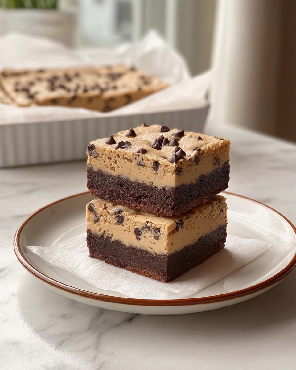 The image shows a close-up of two square dessert bars stacked on top of each other on a white plate with a thin brown rim. Each bar has two layers: a dense, rich-looking dark brown bottom layer, and a thick, light tan top layer mixed with small dark bits, giving it a textured and creamy appearance. In the background, a white bowl lined with brown parchment paper holds several more of these bars, some cut into smaller squares. The entire scene is set on a white marbled surface. Photo taken with an iphone --ar 4:5 --v 7