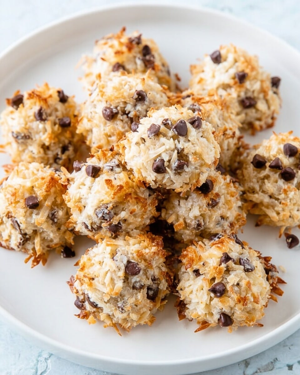 A white plate filled with a pile of round treats, each consisting of a crispy, golden-brown toasted coconut outer layer mixed with small dark brown chocolate chips scattered throughout. The texture looks rough and crunchy with the toasted coconut flakes standing out in light beige and golden shades. The treats have a slightly uneven, homemade shape and are closely packed on the plate. The background is a white marbled texture. photo taken with an iphone --ar 4:5 --v 7