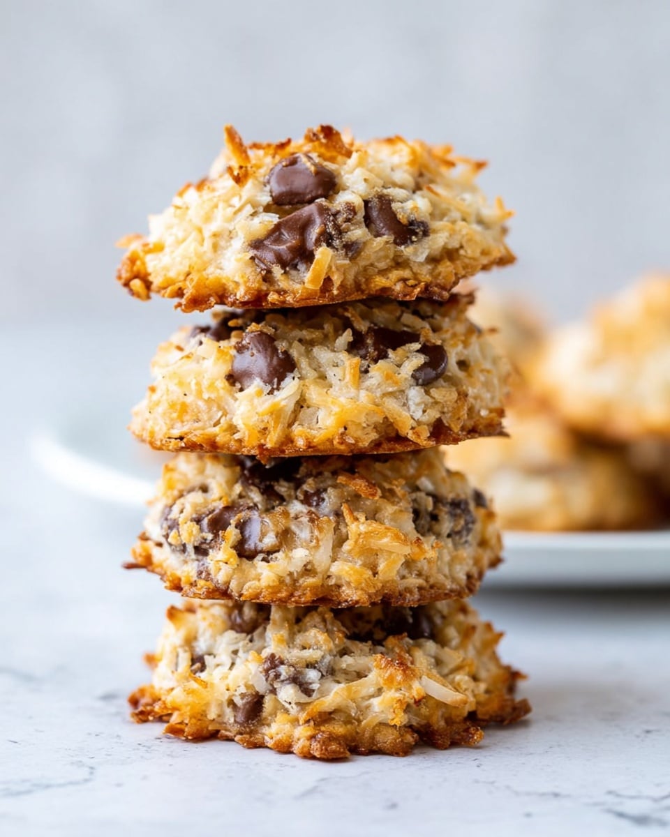 A stack of four rough-textured cookies with a golden-brown base layer topped by a thick, uneven layer of shredded coconut mixed with small, dark chocolate chips. Each cookie has a slightly crispy, toasted edge with a soft and chewy center. The cookies are stacked vertically on a light surface with a blurred white marbled texture background. A white plate with more cookies is faintly visible in the background on the right side. Photo taken with an iphone --ar 4:5 --v 7