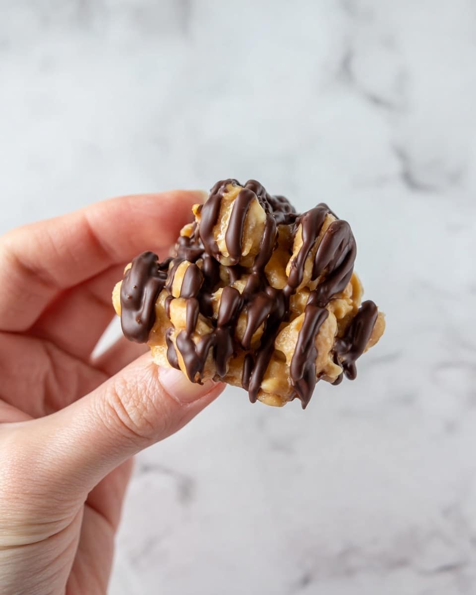 The image shows a close-up of a cluster of peanut butter balls with three clear layers. The base layer is dense and light brown, made of crushed peanuts and peanut butter. The middle layer has a creamy, smooth light tan texture, slightly shiny. The top layer features a dark brown chocolate drizzle unevenly covering the balls. One of the peanut butter balls in front is split in half to show the inside layers, while more whole peanut butter clusters and scattered peanuts and white chocolate chips are in the soft-focus background. All items rest on a white marbled surface. Photo taken with an iphone --ar 4:5 --v 7