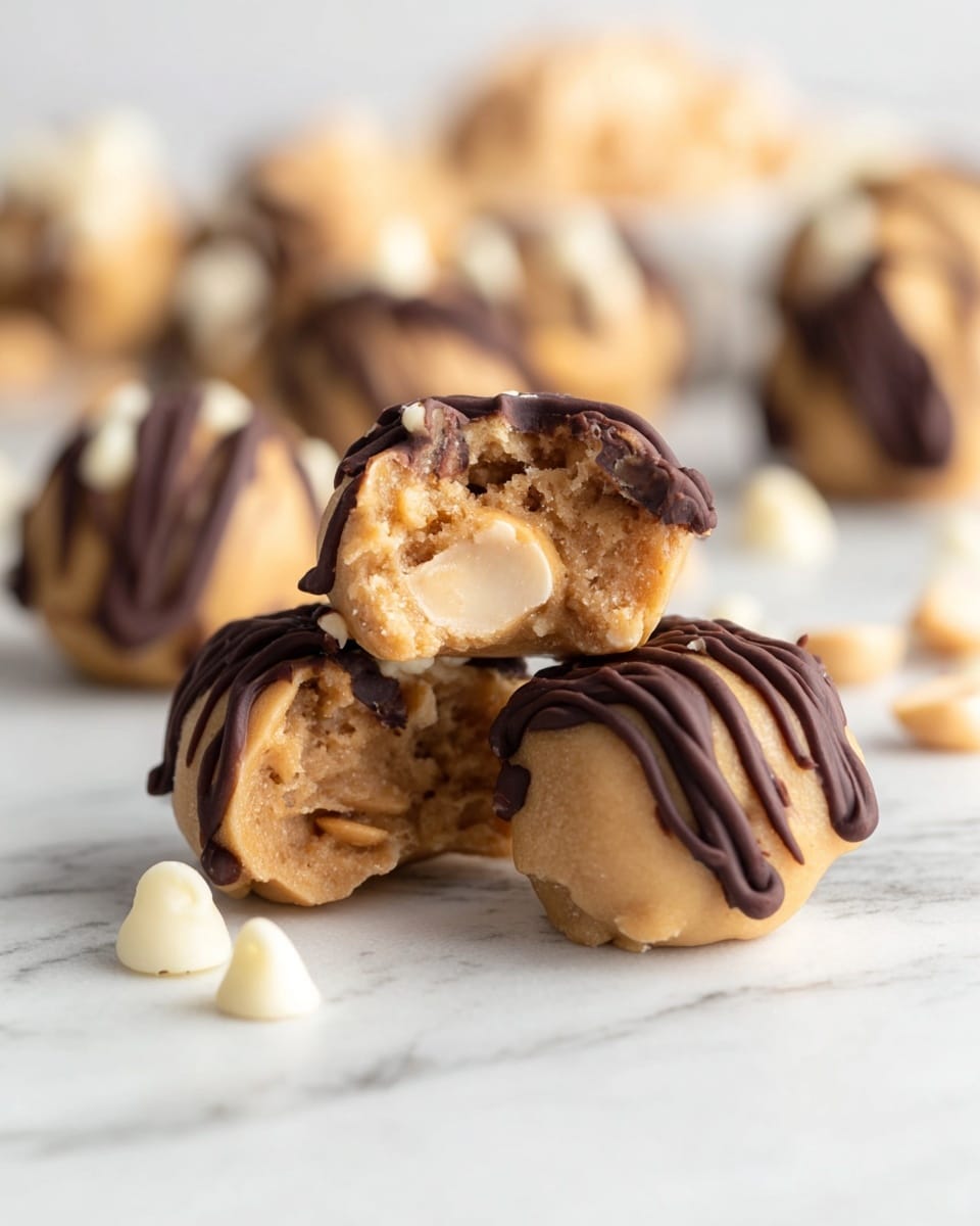 A close-up of a woman's hand holding a small, irregularly shaped cluster of light tan peanuts covered with a thick, smooth dark brown chocolate drizzle on top. The peanut cluster has a textured surface with visible nut pieces and rich chocolate lines flowing unevenly over it. The background is a white marbled texture, making the peanut and chocolate cluster stand out clearly. photo taken with an iphone --ar 4:5 --v 7
