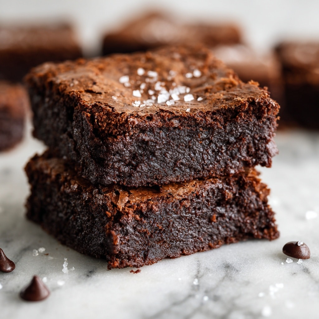 A close-up image showing two rich, dark chocolate brownies stacked on top of each other on a white marbled surface. The bottom brownie is dense and fudgy with a soft texture, while the top brownie has a thin, slightly cracked outer layer with a few grains of coarse salt sprinkled gently. Around the brownies, there are a few small, dark chocolate drops scattered on the white marbled background. The background is softly blurred with more brownies faintly visible, emphasizing the detailed texture of the front brownies. Photo taken with an iphone --ar 4:5 --v 7