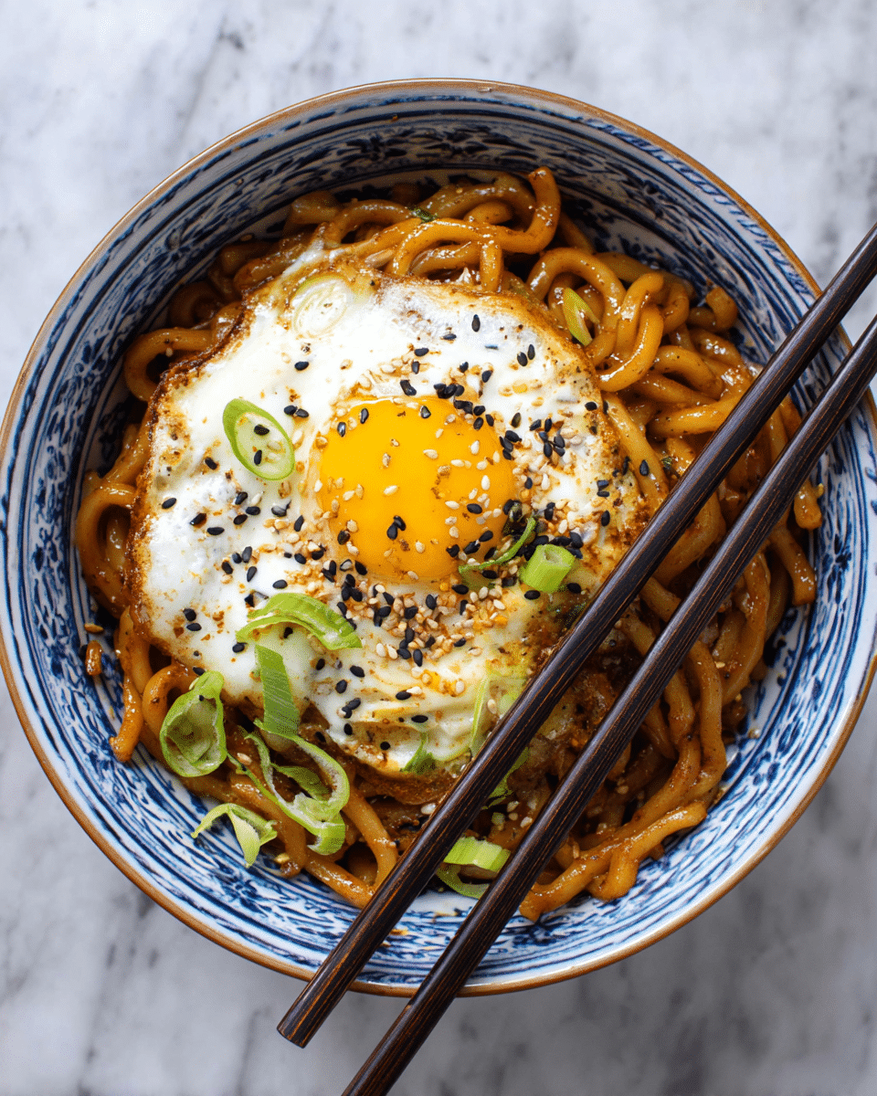The dish shows a white bowl with blue patterns filled with thick, glossy brown noodles mixed with green chopped scallions, topped by a sunny-side-up egg with a bright yellow yolk and white edges sprinkled with black sesame seeds; two dark brown chopsticks rest diagonally on the noodles. The bowl sits on a white marbled surface. photo taken with an iphone --ar 4:5 --v 7