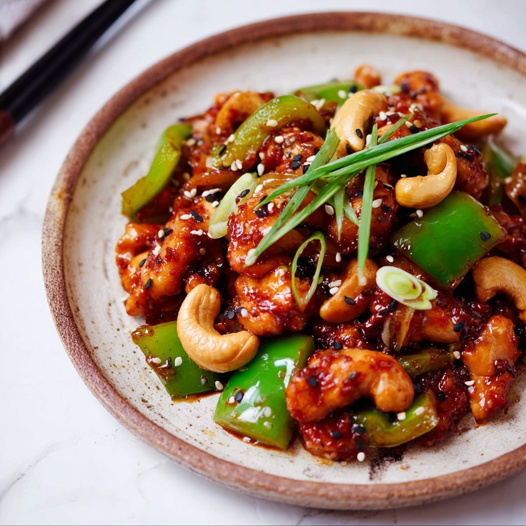 The dish is served on a white plate with a rustic brown and beige rim, filled with a mix of chunks of golden-brown cooked chicken pieces coated in a glossy, dark reddish sauce. Among the chicken are bright green bell pepper chunks adding a fresh color contrast. A few whole, light golden cashew nuts are scattered on top, along with a sprinkle of white and black sesame seeds. Green onion pieces and two long green scallion stalks rest on the chicken, adding a touch of freshness. The plate sits on a white marbled textured surface, and a pair of dark brown chopsticks are visible in the blurred background. photo taken with an iphone --ar 4:5 --v 7