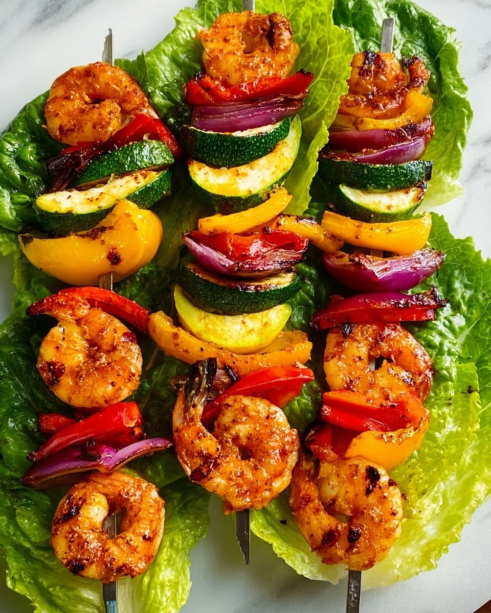 Three metal skewers are laid out on bright green romaine lettuce leaves atop a white marbled surface. Each skewer is loaded with layers of grilled shrimp at the top, with a slightly charred orange-pink color and curled tails, followed by stacked slices of vibrant yellow squash and green zucchini, alternated with chunks of red, yellow, and orange bell peppers, and pieces of purple onion. The vegetables show grill marks, giving a warm roasted texture. The arrangement is neat, and the colors are vivid against the fresh green lettuce underneath, creating a fresh, colorful display. Photo taken with an iphone --ar 4:5 --v 7