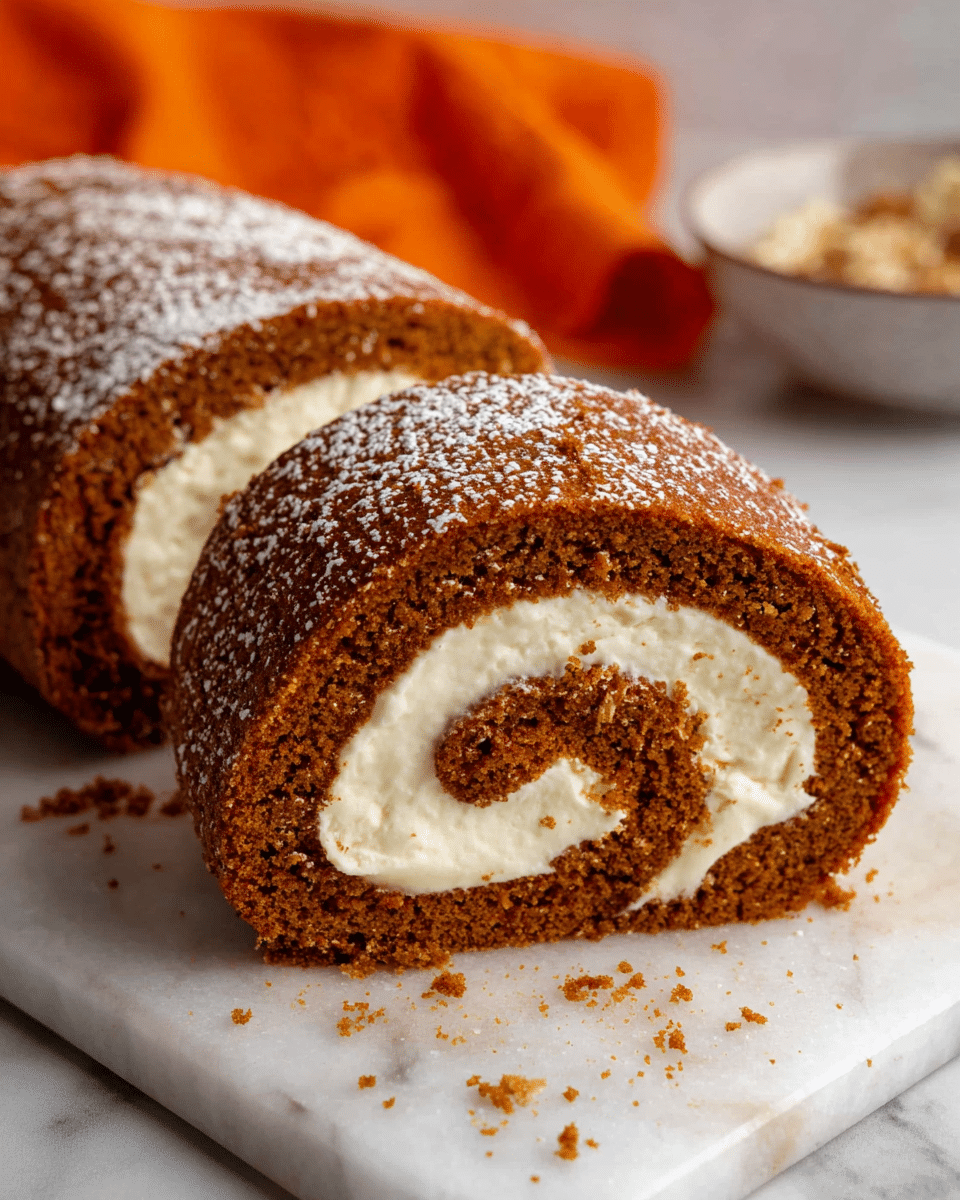 A pumpkin roll cake is shown sliced on a white marbled surface, featuring a soft, spongy, brown cake layer rolled around a creamy white filling, with a dusting of powdered sugar sprinkled on top of the roll. The roll is sliced to reveal the spiral pattern of the cake and cream, with crumbs scattered around adding a natural texture to the scene. The background includes a small wooden bowl containing brown sugar on an orange textured cloth. The overall look is warm and inviting with the contrast of the warm orange-brown cake and bright white cream. photo taken with an iphone --ar 4:5 --v 7