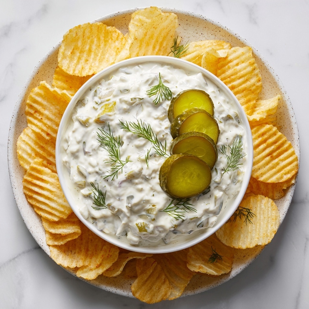 A white bowl filled with a creamy white dip that has small pieces of green pickles mixed throughout. The dip is decorated with small green dill sprigs and three slices of pickles on top. The bowl is placed on a round white plate with speckled edges, surrounded by light yellow ridged potato chips scattered around the plate. The background is a white marbled surface. Photo taken with an iphone --ar 4:5 --v 7