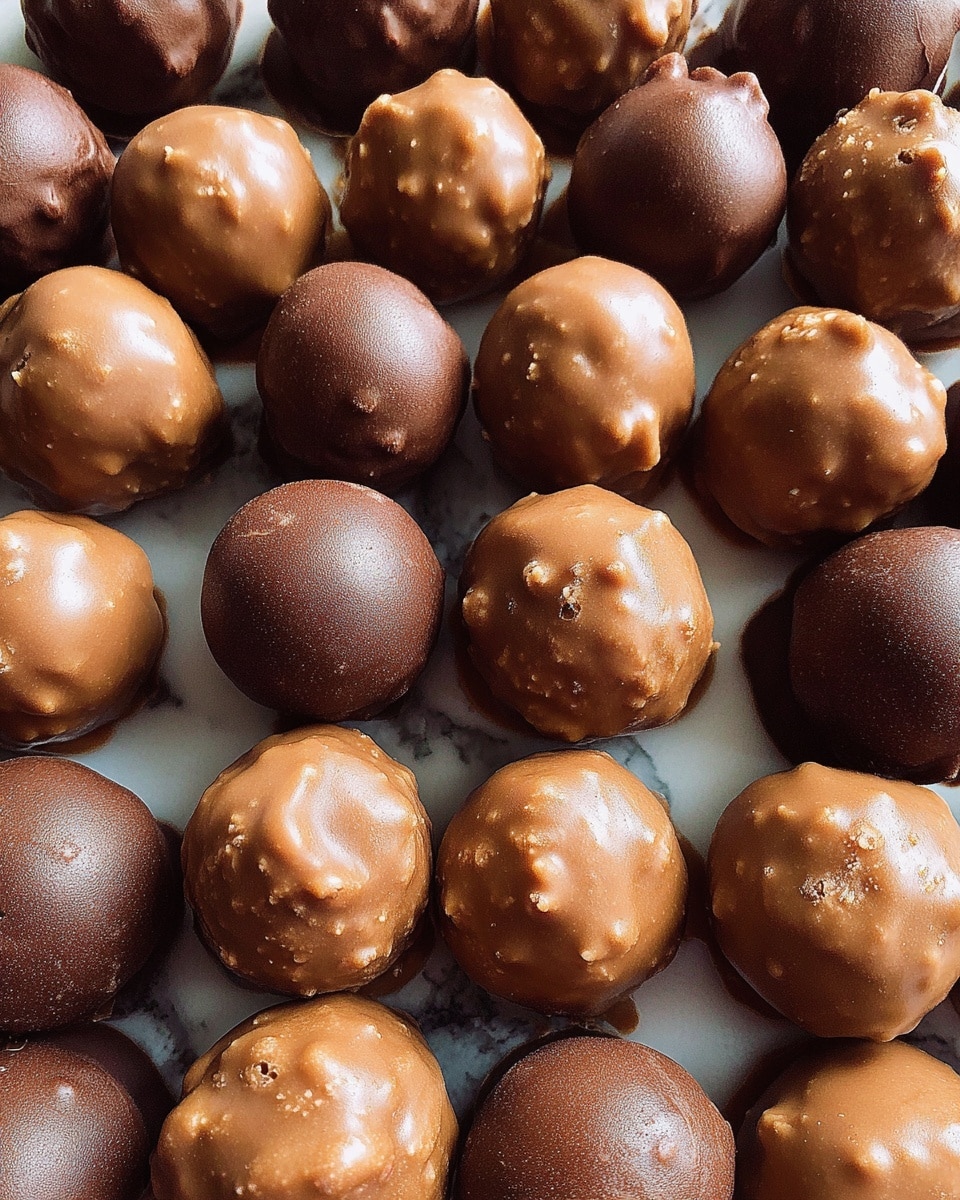 Close-up of many small, round chocolate-covered balls arranged closely together, showing two main textures: some have smooth, shiny milk chocolate shells, while others have rougher, more uneven milk chocolate coatings with small ridges. The balls are placed directly on a white marbled surface, filling the whole frame with no other objects visible. photo taken with an iphone --ar 4:5 --v 7