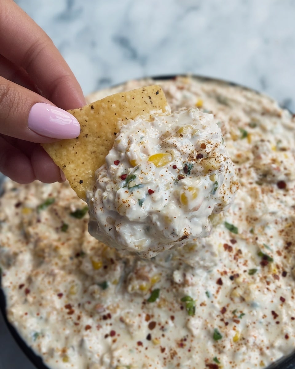 A close-up view of creamy street corn dip in a white bowl with a white marbled background. The dip has a thick, smooth white base mixed with whole yellow corn kernels, finely chopped green peppers, and red spices sprinkled on top, giving it a speckled look. A corn chip, yellow and textured, is dipped into the mixture, coated with the creamy dip and corn pieces. The dip has a slightly chunky consistency with visible corn bits and herbs throughout. Photo taken with an iphone --ar 4:5 --v 7