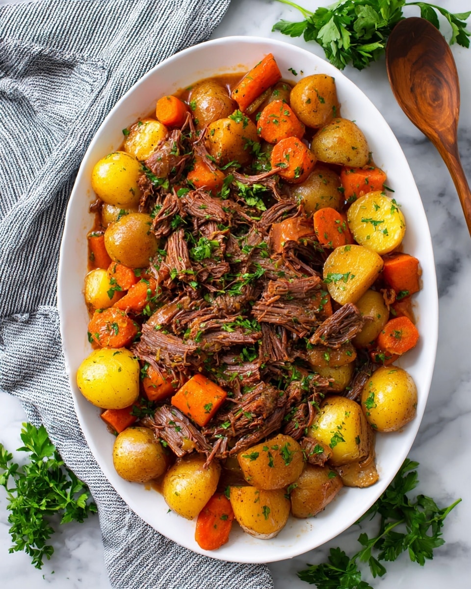 A white oval plate filled with a hearty beef stew. The base layer consists of large chunks of yellow potatoes and thick pieces of bright orange carrots scattered evenly around the plate. On top and mixed with the vegetables are generous pieces of tender, shredded brown beef with a glossy, juicy texture. The dish is sprinkled with fresh green parsley leaves for garnish, giving a fresh contrast to the rich colors of the meat and vegetables. The plate sits on a white marbled surface, next to a gray striped cloth and some fresh green herbs, with a wooden spoon nearby. photo taken with an iphone --ar 4:5 --v 7