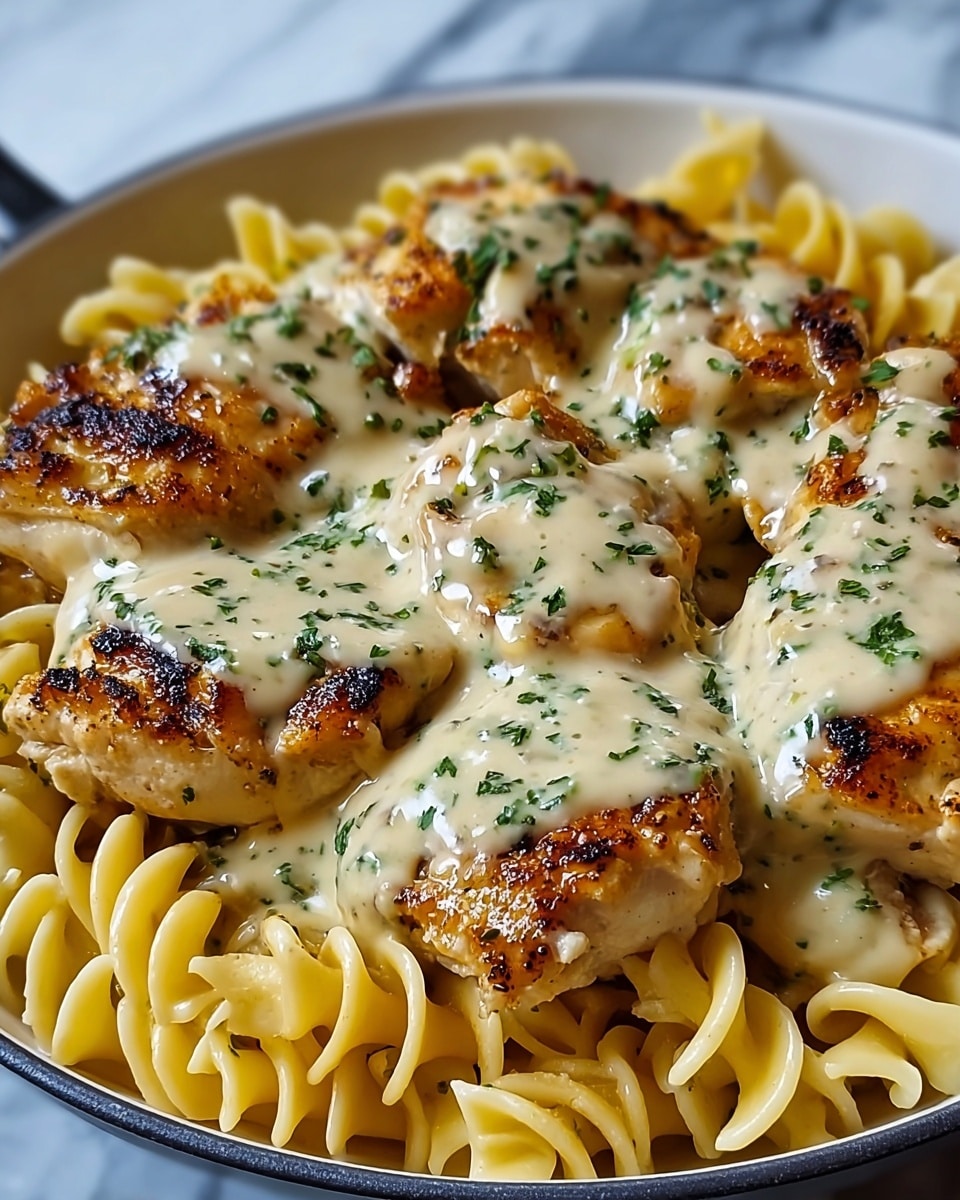 A white bowl filled with a base layer of pale yellow cooked egg noodles that have a soft and slightly curly texture. On top, there are eight pieces of browned, grilled chicken breast placed evenly, each with a shiny, creamy beige sauce drizzled over them. The chicken looks juicy with some char marks adding texture, and small green herb bits are sprinkled over the sauce for a fresh touch. The background surface is a white marbled texture. photo taken with an iphone --ar 4:5 --v 7