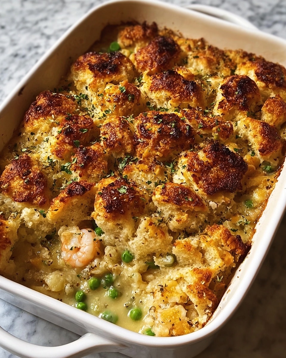 A white rectangular baking dish filled with a baked casserole that has a golden brown top layer. The top layer has large, uneven chunks of bread or dumplings that are browned and crispy, with some darker seared spots. Below the top, there is a moist layer with small pieces of shrimp and bright green peas mixed into a creamy, light yellow base. The casserole looks textured and rich with herbs sprinkled on top, adding flecks of green. The dish sits on a white marbled textured surface. photo taken with an iphone --ar 4:5 --v 7