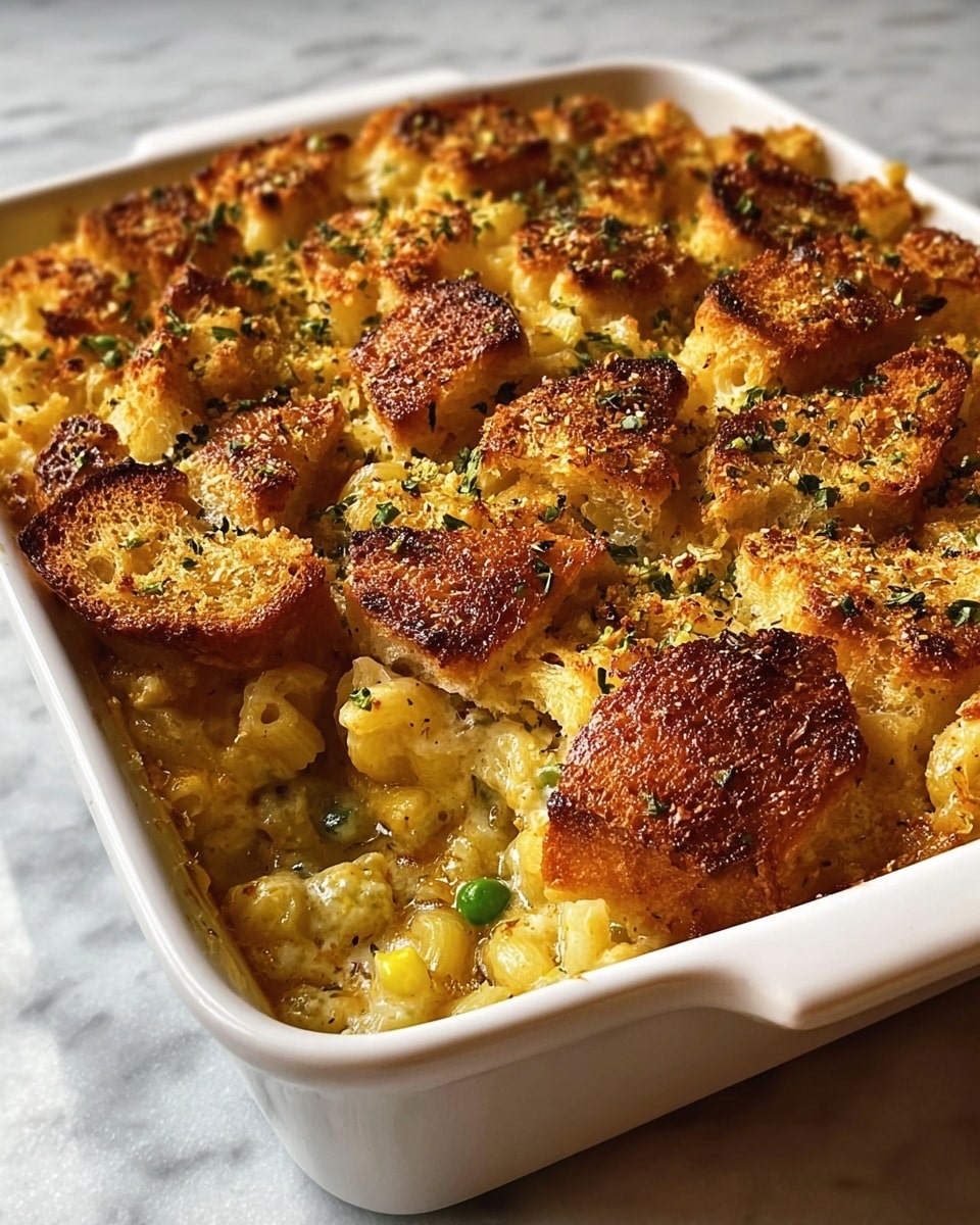 A white ceramic rectangular baking dish filled with a golden brown baked macaroni and cheese topped with large pieces of toasted bread that are unevenly placed to cover the surface. The bread pieces are crispy with a deep golden color and slightly darker spots, sprinkled with green herbs and black pepper. Below the bread, a creamy mushy layer of macaroni pasta is visible along with small green peas adding color contrast. The dish sits on a white marbled surface with soft natural light highlighting the textures and colors. photo taken with an iphone --ar 4:5 --v 7