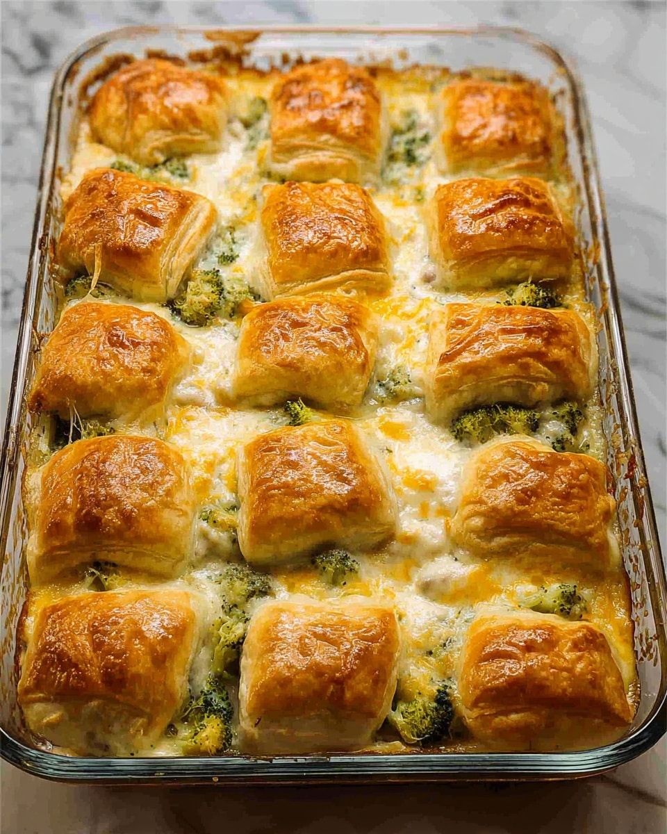 The image shows a baking dish filled with golden brown puff pastry rolls on top. Underneath the pastries, there are layers of melted cheese and pieces of green broccoli. The cheese looks creamy and slightly browned around the edges. The puff pastry is shiny and flaky with a crispy texture and evenly spaced in neat rows. The dish rests on a white marbled surface. Photo taken with an iphone --ar 4:5 --v 7