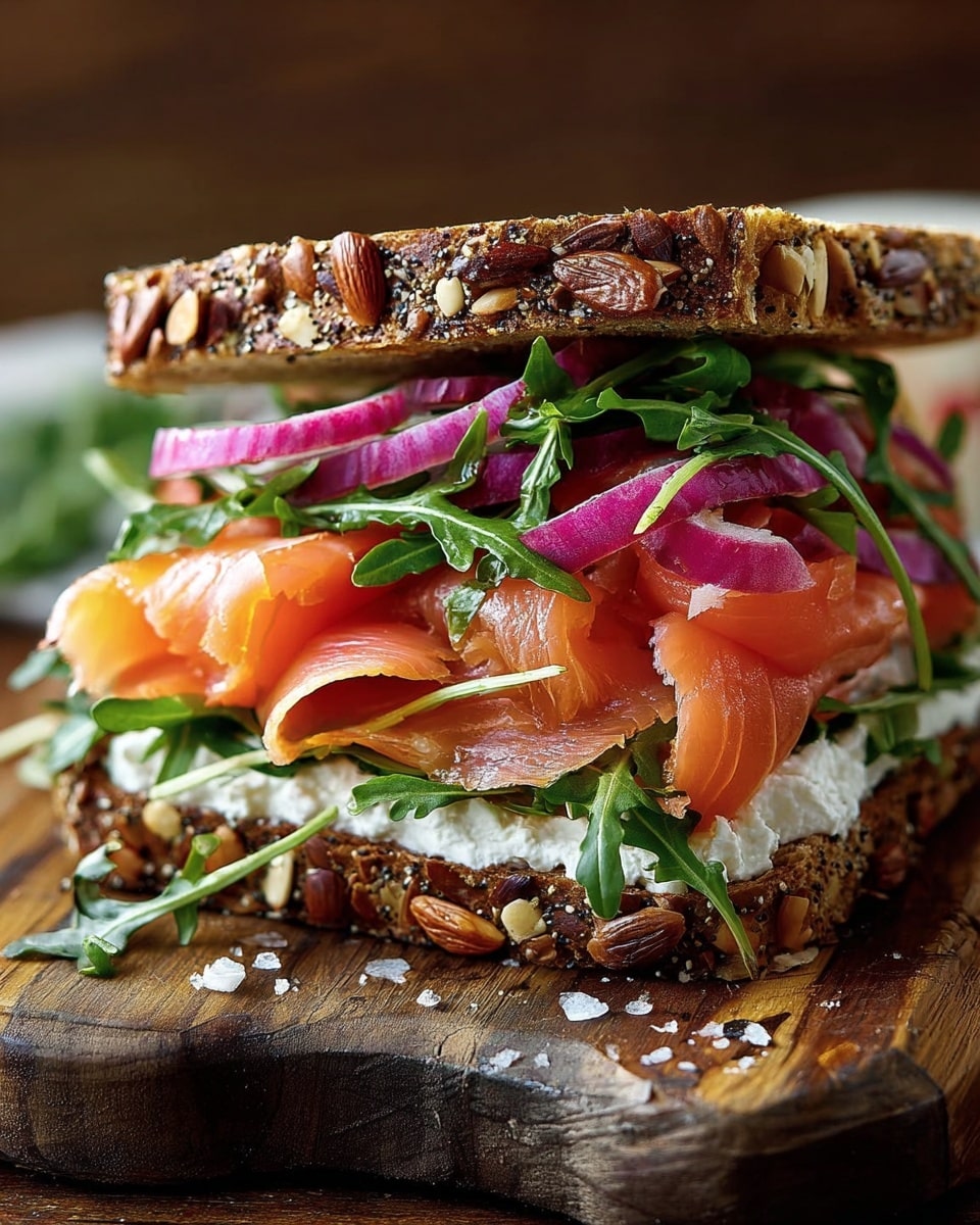 A single slice of seeded dark bread forms the base layer on a white plate, topped with a thick, creamy white spread that looks soft and rich. Fresh green arugula leaves peek out from under and around the edges of the bread. Over the cream, delicate folds of bright orange smoked salmon are placed, with thin rings of purple-red onion on top adding a crisp contrast. Small sprinkles of black pepper and finely chopped herbs are scattered over the top for extra color and texture. The plate sits on a white marbled surface. photo taken with an iphone --ar 4:5 --v 7