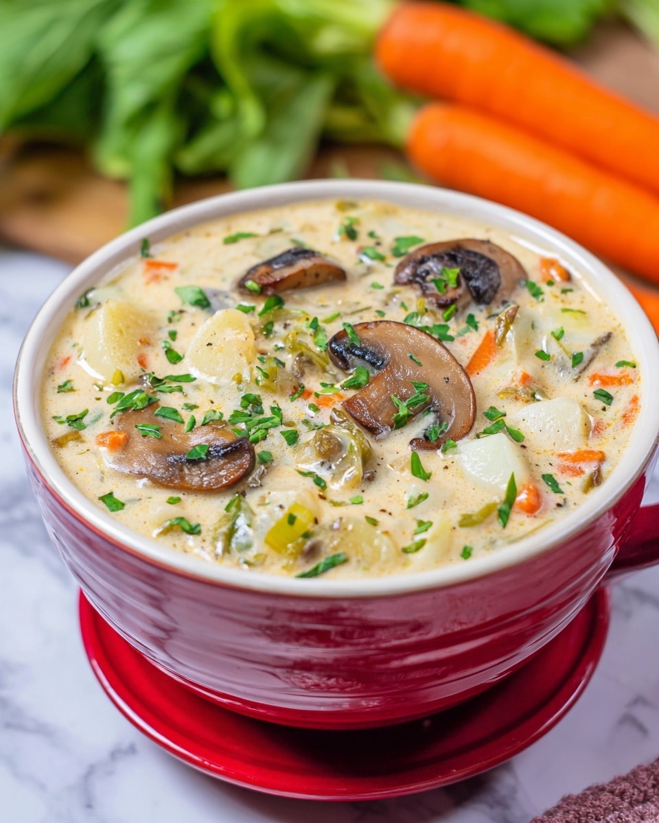 The image shows a bowl filled with a creamy soup that has several layers of ingredients visible. The top layer has whole mushroom slices brown in color with dark gills, scattered evenly on top. Beneath the mushrooms is a thick, light beige creamy broth with green leafy herbs sprinkled generously. There are small pieces of orange carrot and diced celery visible within the broth. The bowl is white with a glossy finish, and it sits on a white marbled surface. In the background, there is a blurred bunch of celery adding a fresh feeling to the scene. photo taken with an iphone --ar 4:5 --v 7