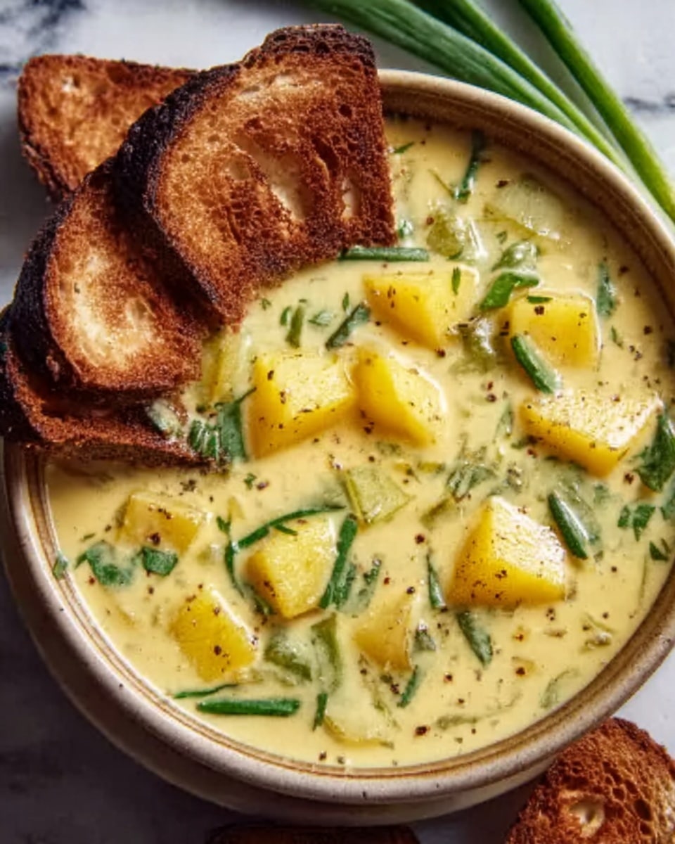 A deep dark bowl filled with creamy soup showing large chunks of soft yellow potatoes and sprinkled with chopped green herbs and black pepper, two golden-brown toasted bread slices resting on the surface of the soup, with extra toasted bread pieces blurred in the background, all placed on a white marbled texture with green onions partly visible behind the bowl, photo taken with an iphone --ar 4:5 --v 7