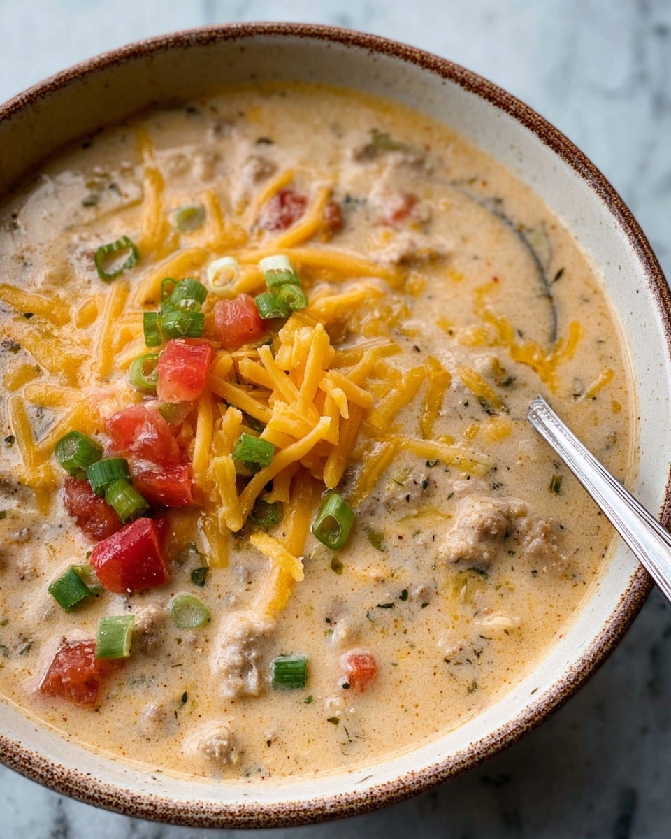 A close-up view of a creamy soup served in a speckled bowl, filled with a thick, light beige broth mixed with small pieces of ground meat and finely chopped green onions. On top, there is a layer of shredded yellow cheddar cheese spread across the middle, with diced red tomatoes scattered mainly in one section. Small bright green onion rings are sprinkled evenly across the soup, creating a contrast with the creamy base. A silver spoon is placed inside the bowl on the right side. The bowl sits on a white marbled surface. photo taken with an iphone --ar 4:5 --v 7