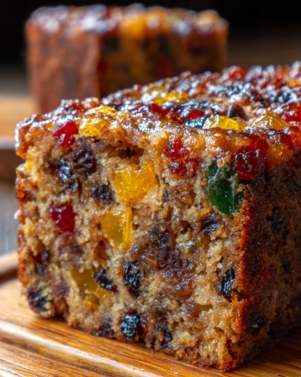 A close-up view of a thick slice of fruitcake showing three visible layers: the bottom layer is dense and brown with small dark raisins, the middle layer has chunks of yellow and orange candied fruits mixed within, and the top layer has a shiny, slightly rough texture with more small pieces of red and green candied fruits. The cake sits on a wooden surface, with another blurred slice of fruitcake in the background. The lighting highlights the moist texture and colorful pieces inside the cake. Photo taken with an iphone --ar 4:5 --v 7