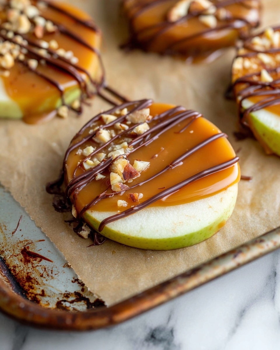 A close-up of thin, round apple slices with three visible layers: the bottom layer is the pale greenish-white apple slice, the middle layer is a thick, smooth, shiny caramel coating in warm golden brown, and the top layer has a drizzle of dark brown chocolate lines and small chopped nuts scattered on one side. The apple slices rest on light brown parchment paper that is on a rustic metal baking tray, with some chocolate smears nearby. The background features a white marbled surface. Photo taken with an iphone --ar 4:5 --v 7