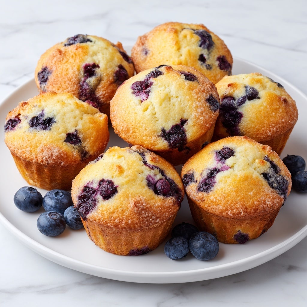 A white plate holds eight golden brown blueberry muffins clustered together, each muffin has a textured, slightly cracked top with blueberries bursting through, showing deep purple and blue spots evenly spread through the soft, fluffy light yellow dough. Around the muffins, a few loose, shiny fresh blueberries add a pop of dark blue. The plate sits on a white marbled surface near a window with soft natural light brightening the scene. photo taken with an iphone --ar 4:5 --v 7