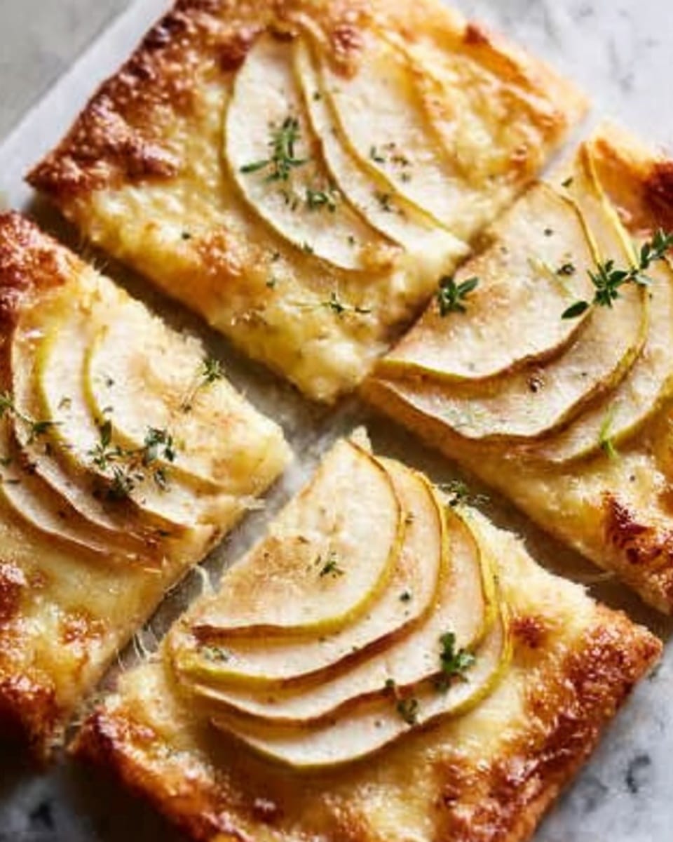 The image shows a rectangular pastry tart cut into four pieces on parchment paper. The base layer is a golden, flaky, puff pastry with visible crisp edges. On top, there is a smooth, slightly melted cheese layer that covers the pastry evenly with a pale yellow color. Above the cheese, thin slices of apple are arranged in a slightly overlapping, curved pattern with a light yellow color and some browned edges. Fresh thyme sprigs are placed on top of the apple slices, adding small green details. There is some glaze on the surface and around the tart, giving a shiny appearance. The whole setup is placed on a white marbled surface. photo taken with an iphone --ar 4:5 --v 7