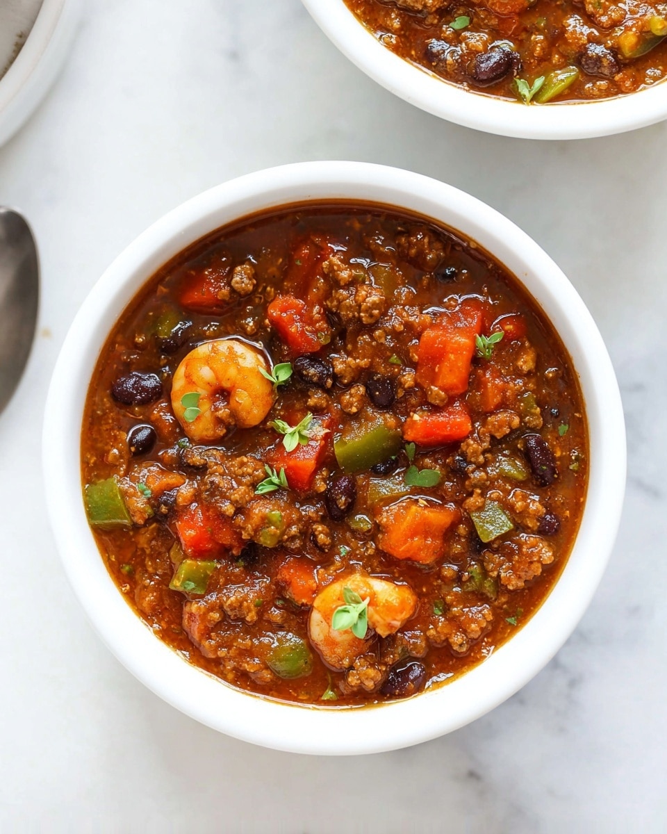 The image shows two white bowls filled with thick chili that has visible layers of dark brown meat, orange-brown beans, chunks of green and red vegetables, all mixed in a rich reddish-brown sauce, topped with small green herb pieces. A silver spoon rests inside the front bowl, partially submerged in the chili. The bowls are placed on a white marbled surface with a white cloth loosely arranged nearby, and to the side, a small white bowl contains more chopped green herbs. Photo taken with an iphone --ar 4:5 --v 7