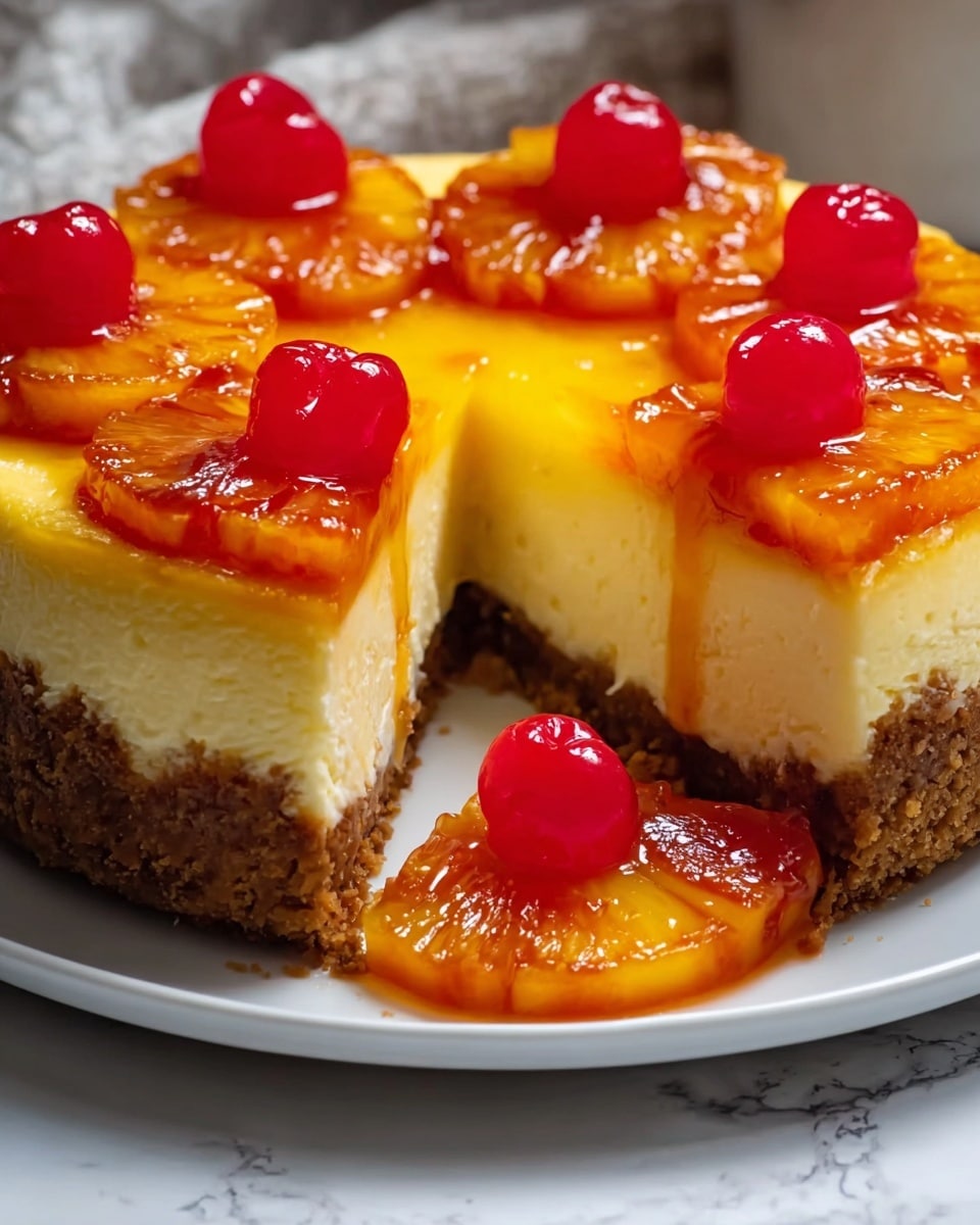 A thick cheesecake with three main layers on a white plate against a white marbled texture background: the bottom crumbly brown crust, a thick middle creamy yellow layer of cheesecake, and the top layer with glossy orange caramelized pineapple slices arranged in a circle. Bright red shiny maraschino cherries sit between the pineapple slices on top, with some cherries and syrup spilling out from a large cut section in the front. photo taken with an iphone --ar 4:5 --v 7