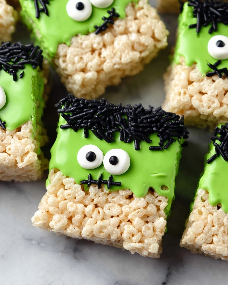 The image shows a set of square treats made from light beige, crispy rice cereal forming the bottom layer. On top is a thick layer of smooth, bright green icing with a slightly wavy texture, shaped to cover about half of each square. The icing is decorated with black rod-shaped sprinkles placed densely at the top to resemble hair. Two large round white candy eyes with small black centers are set just below the hair, and small black icing details suggest simple stitched scars on the lower sides of the green icing. The treats are closely arranged on a white marbled surface. photo taken with an iphone --ar 4:5 --v 7