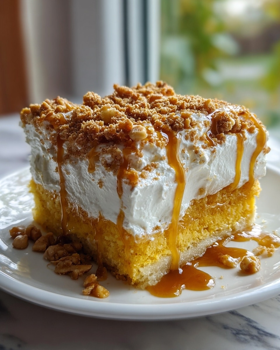 A close-up of a square dessert with three layers on a white plate. The bottom layer is a thick, spongy yellow cake with a soft texture. The middle layer is a thick, fluffy white cream that looks light and smooth. The top layer is covered with a crunchy, crumbly brown nut topping that adds texture and color contrast. Golden caramel sauce is drizzled over the top and sides of the dessert, dripping onto the plate. The plate sits on a white marbled surface by a window with soft natural light. Photo taken with an iphone --ar 4:5 --v 7