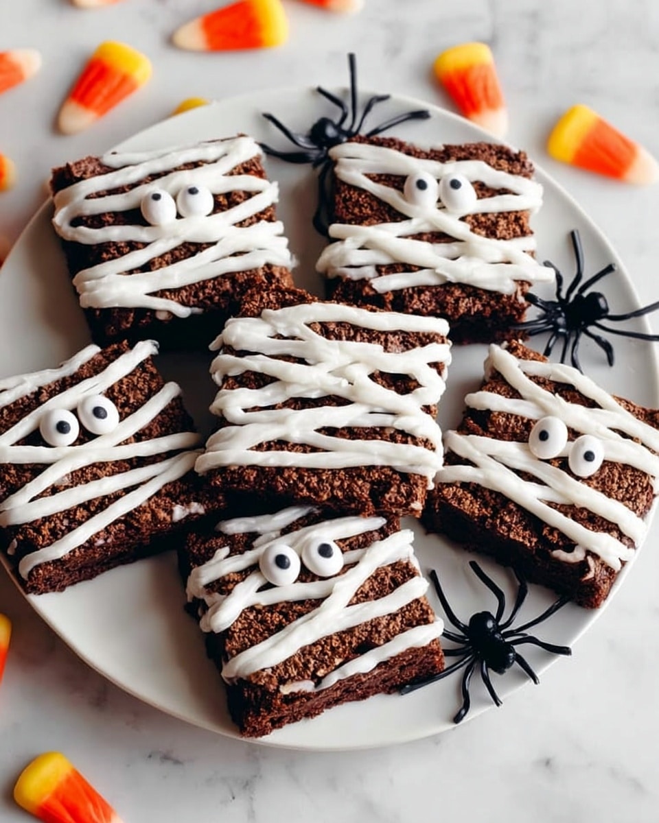Five square chocolate brownies sit on a white plate with black plastic spider decorations around them. Each brownie is decorated to look like a mummy with several diagonal white icing strips crossing the top as bandages, and two small round candy eyes near the top center. The brownies are dark brown with a slightly cracked texture visible under the icing. The plate rests on a white marbled surface with some candy corn pieces scattered nearby. photo taken with an iphone --ar 4:5 --v 7