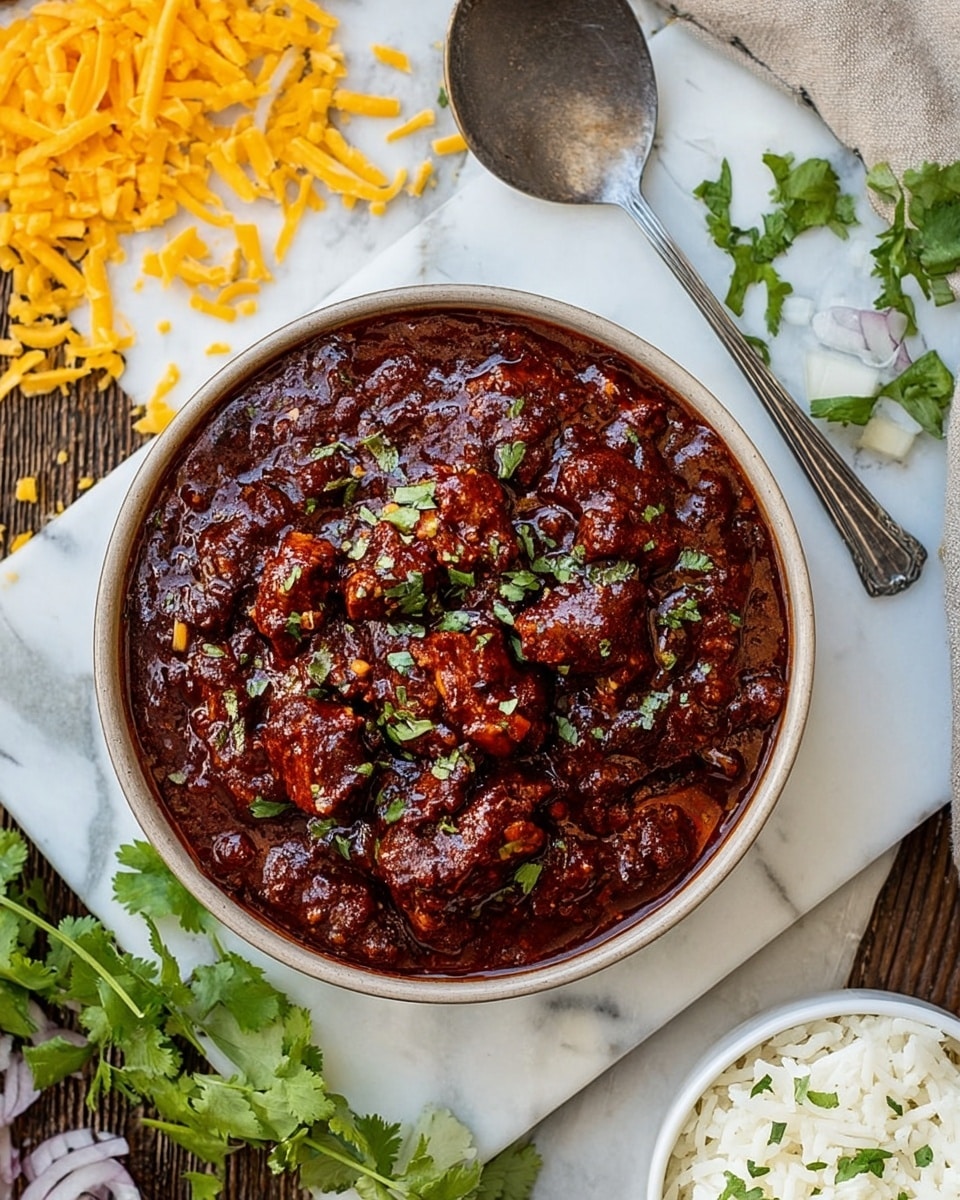 A white bowl filled with a thick, dark red chili topped with green herbs and small pieces of shredded cheese. The chili has visible chunks of beans and meat, creating a textured surface. The bowl is placed on a wooden table with a blurred white bowl of rice in the background, and a woman's hand is partly visible. The setting is warm and cozy. Photo taken with an iphone --ar 4:5 --v 7