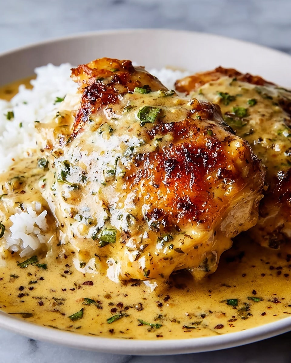 A close-up view of two pieces of grilled chicken with golden-brown, crispy skin on top, resting on a bed of white rice. The chicken is covered in a thick, creamy sauce that is light brown with herbs and specks of black pepper, pooling slightly around the chicken on the white plate. The sauce has a glossy texture and small pieces of green herbs are visible throughout. The background features a white marbled surface. photo taken with an iphone --ar 4:5 --v 7