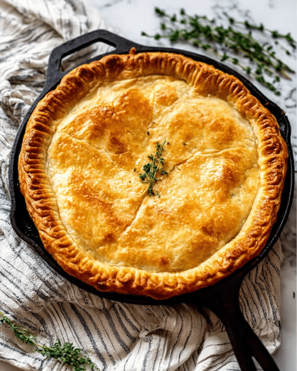 A golden-brown, flaky pie crust covers a cast iron skillet, showing a well-baked texture with slightly rough and uneven edges. The top crust has four petal-shaped steam vents near the center, through which a creamy filling with visible green peas and chunks of what appears to be chicken is peeking out. The crust has a light glaze giving it a slightly shiny surface, and the skillet's dark, rustic iron contrasts with the warm, golden color of the pie. The whole scene sits on a white marbled textured surface. photo taken with an iphone --ar 4:5 --v 7