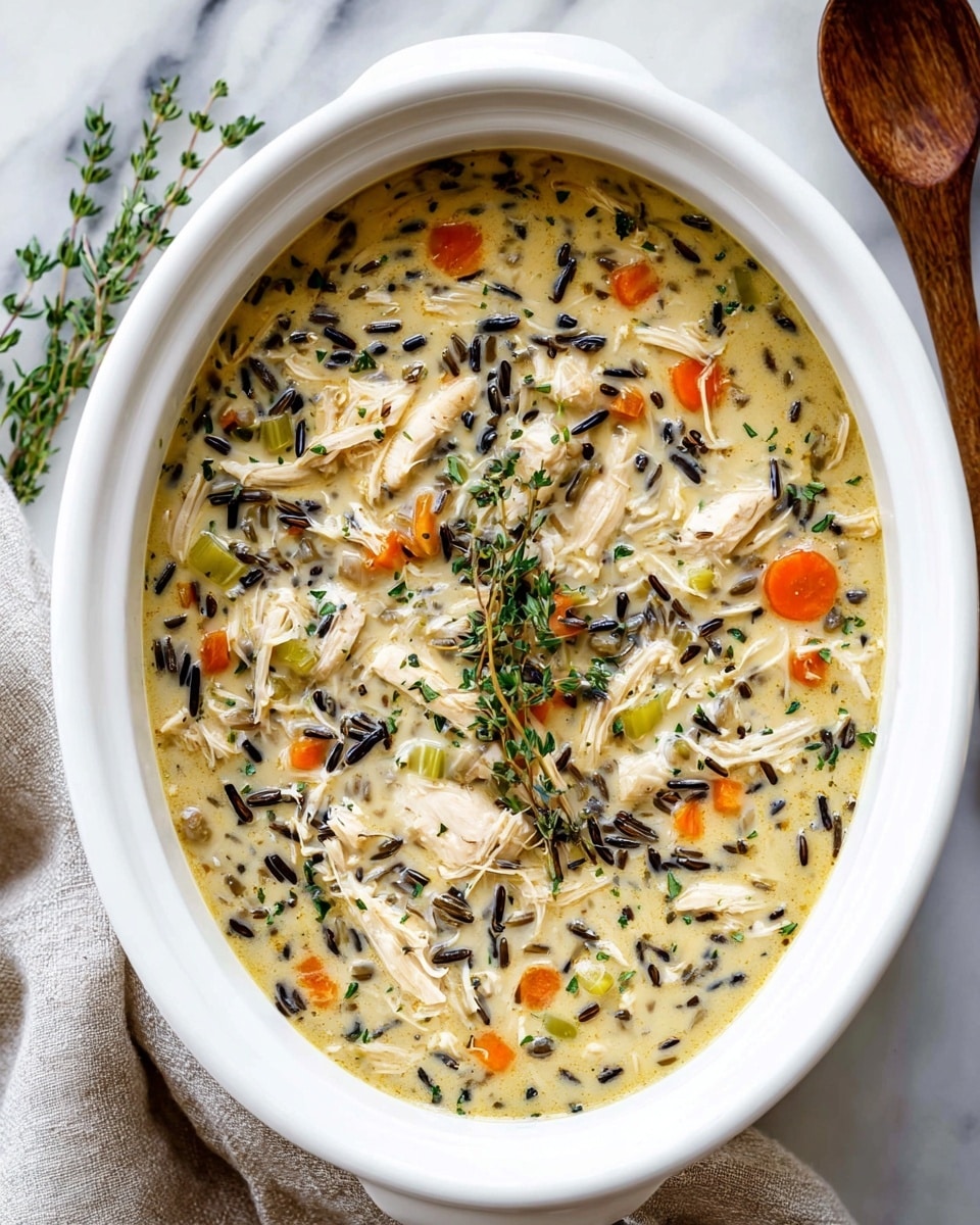 The image shows a white oval ceramic dish filled with a creamy soup that has multiple visible layers and textures. The base layer is a thick, light cream broth mixed with pieces of shredded light beige chicken. Scattered throughout the soup are slices of bright orange carrots and small cubes of pale green celery. There are also long, thin grains of dark wild rice mixed evenly in the soup. On top, there are small green herb sprigs placed neatly in the center, and finely chopped green herbs sprinkled all over, creating a fresh look. The dish is placed on a white marbled surface, with some fresh herb sprigs on the right side and a wooden spoon on the left. A soft beige cloth is partially visible in the top left corner. Photo taken with an iphone --ar 4:5 --v 7