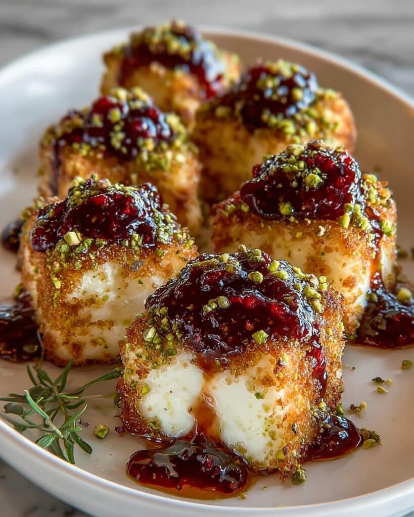 Pistachio Crusted Brie Bites with Cranberry Honey Glaze Recipe