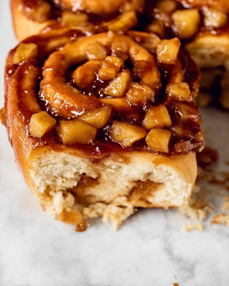 A close-up view of a square section of apple cinnamon rolls on a white marbled surface, showing two tightly coiled layers of soft, golden-brown dough filled with a dark cinnamon-spiced apple mixture. The top layer is generously covered with small, glossy, caramelized apple chunks that glisten in the light, sitting atop a sweet sticky glaze. One piece is partly cut out, revealing thick, tender dough inside with a swirl of light cinnamon sugar and embedded apple bits, all with a slightly fluffy and moist texture. photo taken with an iphone --ar 4:5 --v 7