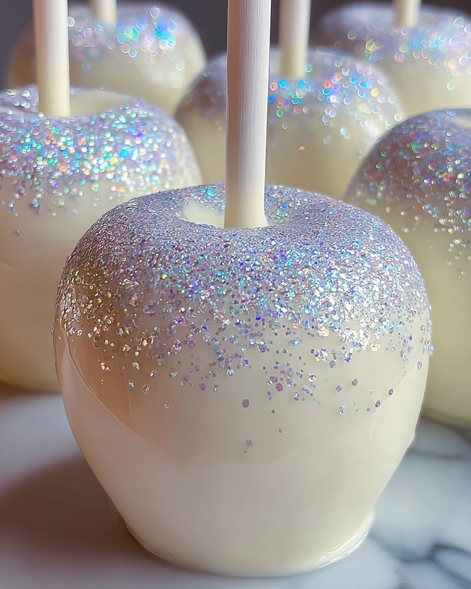 The image shows several white candy apples with smooth, glossy coating. Each apple is covered on the top half with sparkling silver glitter that reflects colorful light spots. The bottom half of the apples has a plain, creamy white surface. A white stick is inserted in the center of each apple, standing straight up. The apples are placed on a shiny, dark reflective surface with soft round light spots blurred in the background. Photo taken with an iphone --ar 4:5 --v 7