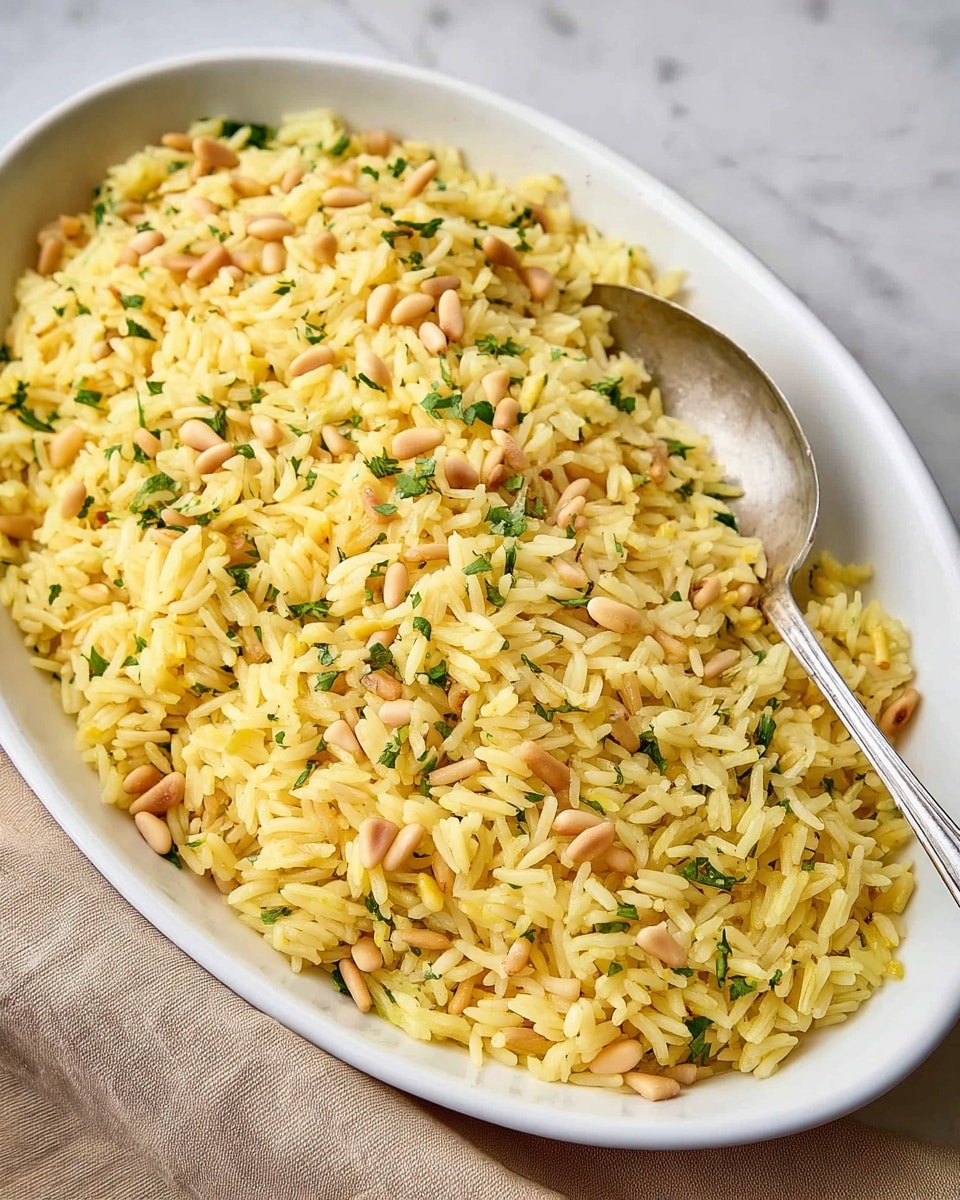 A large white oval dish filled with cooked yellow rice mixed with small toasted pine nuts, sprinkled with chopped green parsley on top, creating a mix of soft rice grains and crunchy nuts. A silver spoon rests inside the dish on the right side, partially buried in the rice. The dish sits on a white marbled surface with a natural-colored fabric visible in the background. photo taken with an iphone --ar 4:5 --v 7