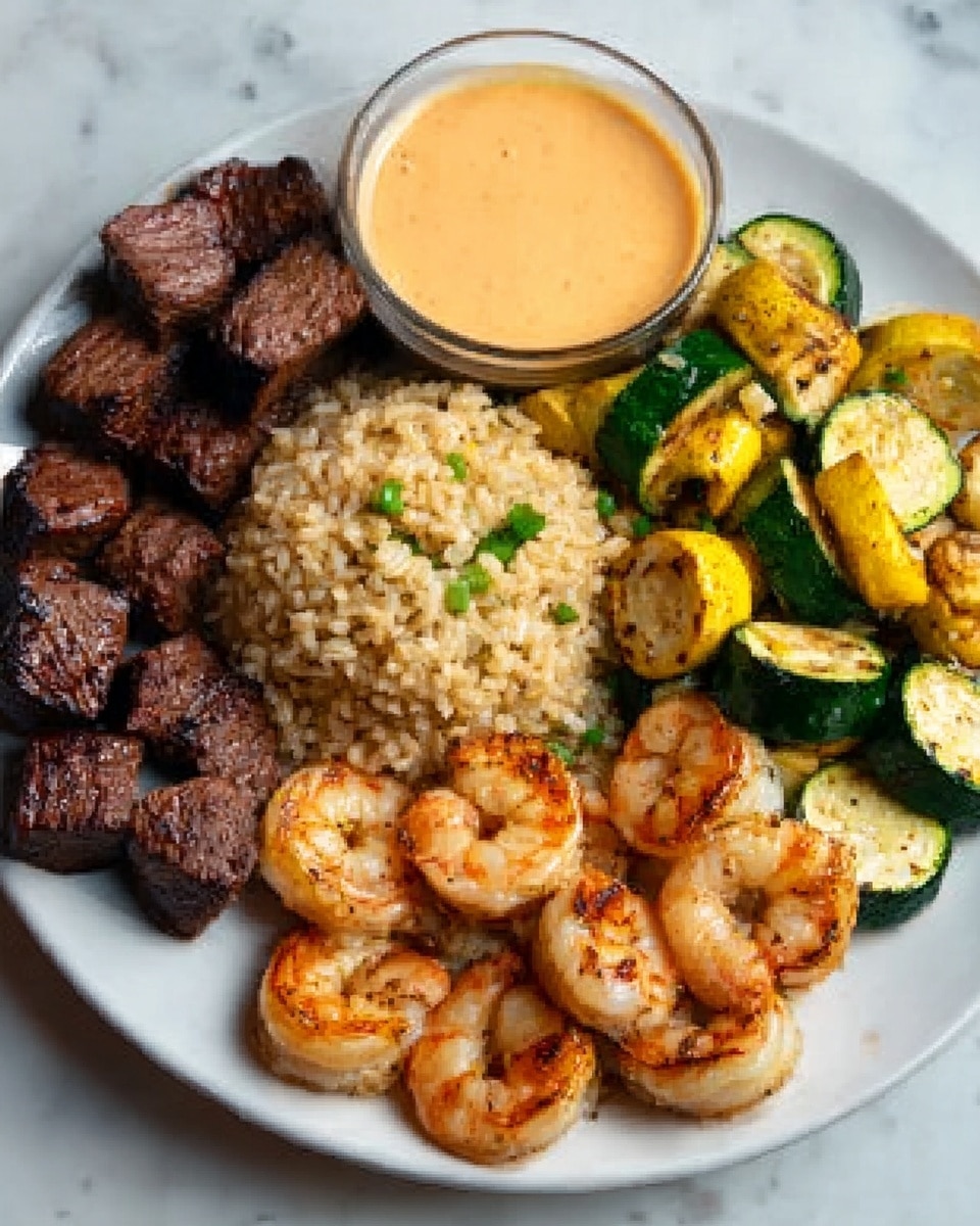 The image shows a white square plate filled with four sections of food. In the top right, there are grilled zucchini slices mixed with yellow squash, showing a light green and yellow color with char marks. To the left of the vegetables, there is a mound of golden brown fried rice with visible bits of egg and small green peas. Below the rice, there are six grilled shrimp with a light brown char and slight shine, placed close together. On the left side of the plate, there are many pieces of grilled beef steak cubes, dark brown with a slightly crispy surface. Above the steak, a small clear bowl holds a light orange creamy sauce. The plate sits on a white marbled surface. Photo taken with an iphone --ar 4:5 --v 7