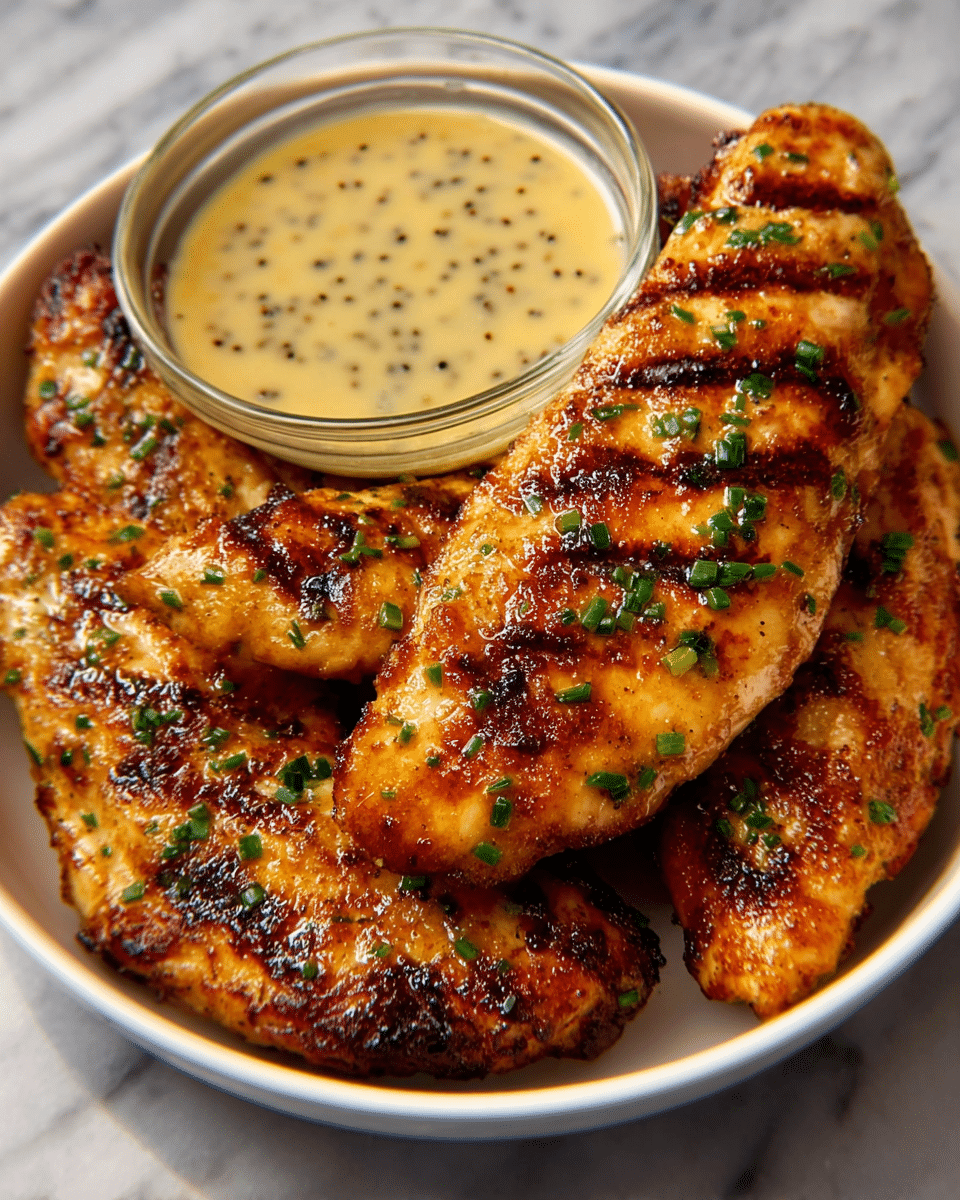 A white plate holds four golden-brown grilled chicken strips arranged in a neat stack, each piece showing crispy char marks and a slightly shiny glaze with small green herb sprinkles on top. To the right side of the plate, there is a small round white bowl filled with a creamy sauce speckled with herbs. The background is a white marbled surface with an out-of-focus setting behind. photo taken with an iphone --ar 4:5 --v 7