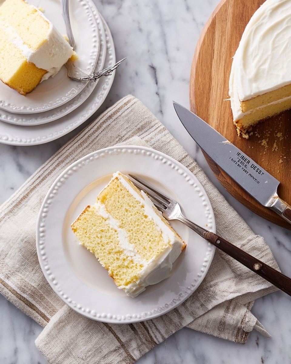 A slice of two-layer yellow sponge cake with light creamy white frosting between layers and on top, resting on a white plate with a fork beside it; the larger cake on a wooden stand is blurred in the background on a white marbled surface. The cake texture looks soft and moist with smooth frosting covering the top and sides evenly. Photo taken with an iphone --ar 4:5 --v 7