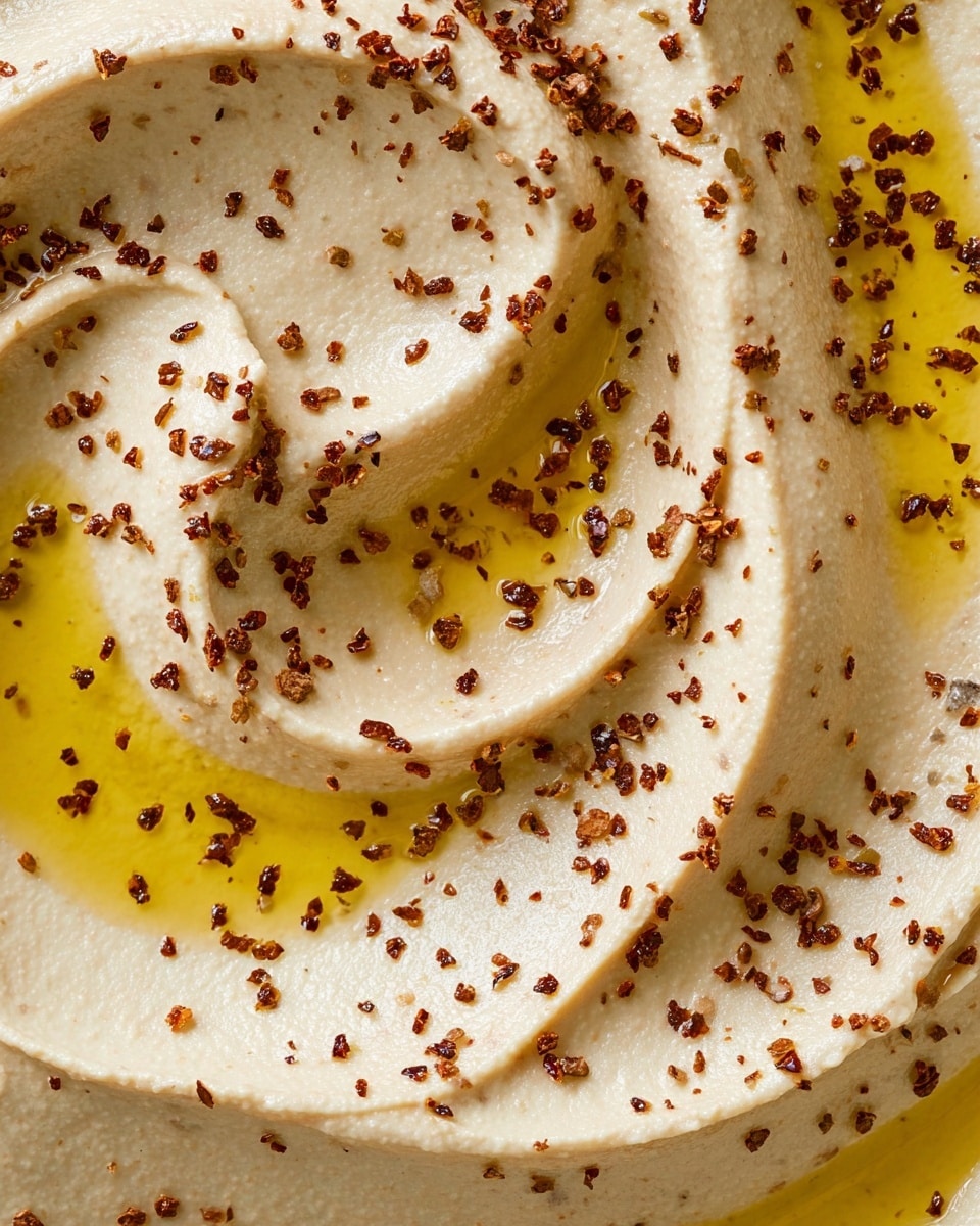 A close-up view of a creamy light beige hummus spread with smooth, swirled texture, topped with thin golden-yellow olive oil drizzles and sprinkled evenly with coarse dark brown to reddish chili flakes, all resting on a white marbled surface. photo taken with an iphone --ar 4:5 --v 7