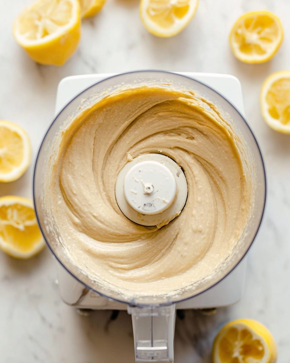 The image shows a white food processor containing a smooth, creamy beige mixture with a thick, swirled texture. The mixture fills the bowl in one even layer, creating soft peaks around the central blade. Surrounding the food processor are several yellow lemon halves placed on a white marbled surface, adding a fresh and vibrant contrast. The overall setup is bright and clean, emphasizing the soft, rich texture of the blended mixture. photo taken with an iphone --ar 4:5 --v 7