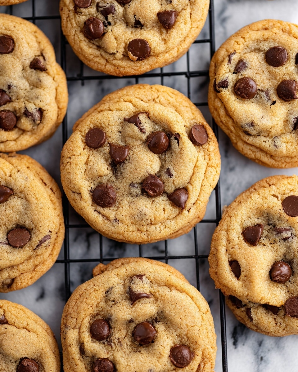 Six golden brown chocolate chip cookies with a soft and slightly thick texture sit on a metal cooling rack. Each cookie has a slightly swirled surface with dark brown chocolate chips scattered unevenly, some partially melted. The cookies show small cracks and wrinkles on top, indicating a chewy inside. The cooling rack rests on a white marbled surface, adding a clean and bright background that contrasts with the warm cookies. Photo taken with an iphone --ar 4:5 --v 7