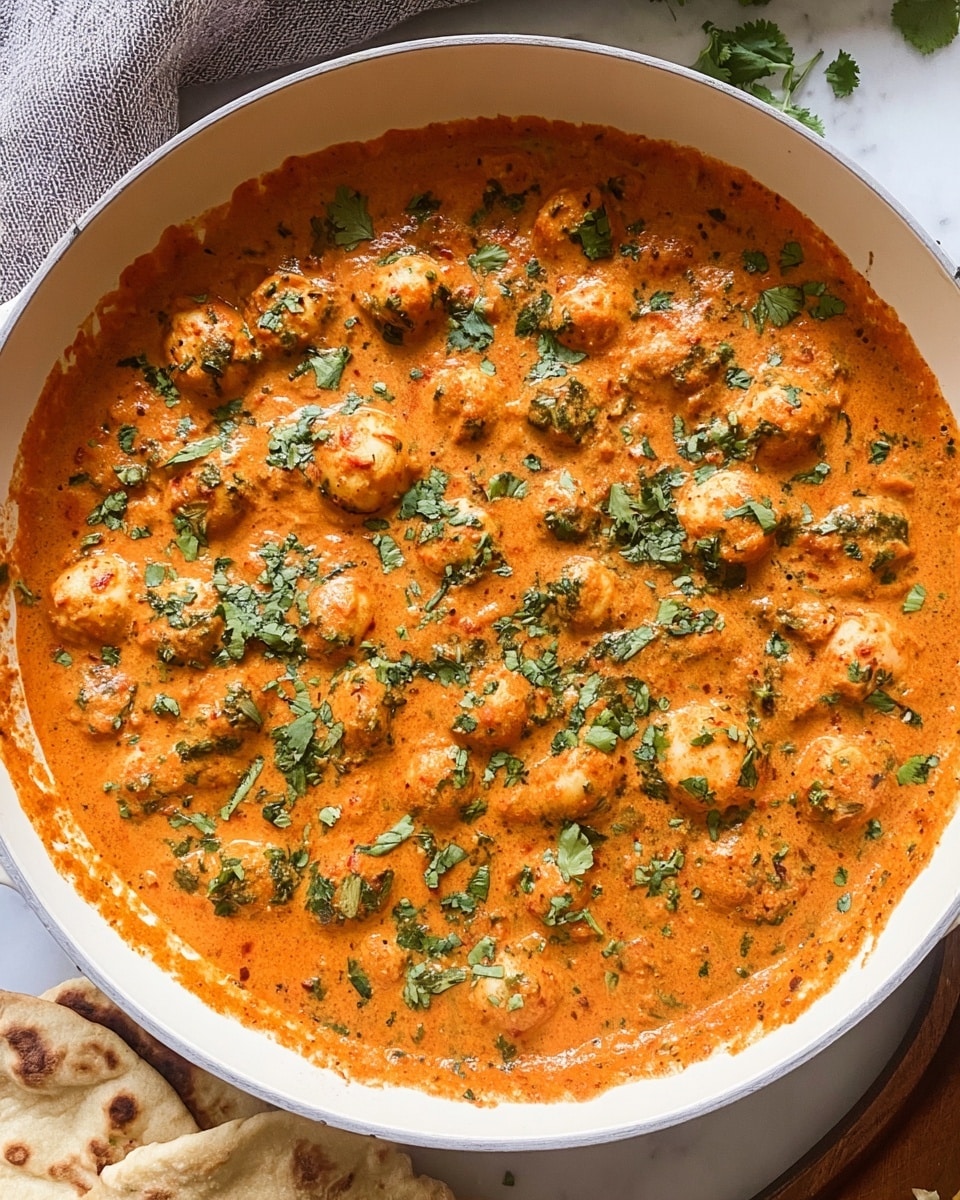 A white round pan filled with a thick orange curry with many small round pieces, likely paneer or vegetables, evenly spread in the sauce. The top is sprinkled with fresh green herbs, giving a contrast to the orange sauce. The pan is set on a white marbled surface, with a soft gray cloth partly visible to the side and some flatbread edges in the bottom left corner. The scene is brightly lit, showing the creamy texture and rich color of the curry. photo taken with an iphone --ar 4:5 --v 7