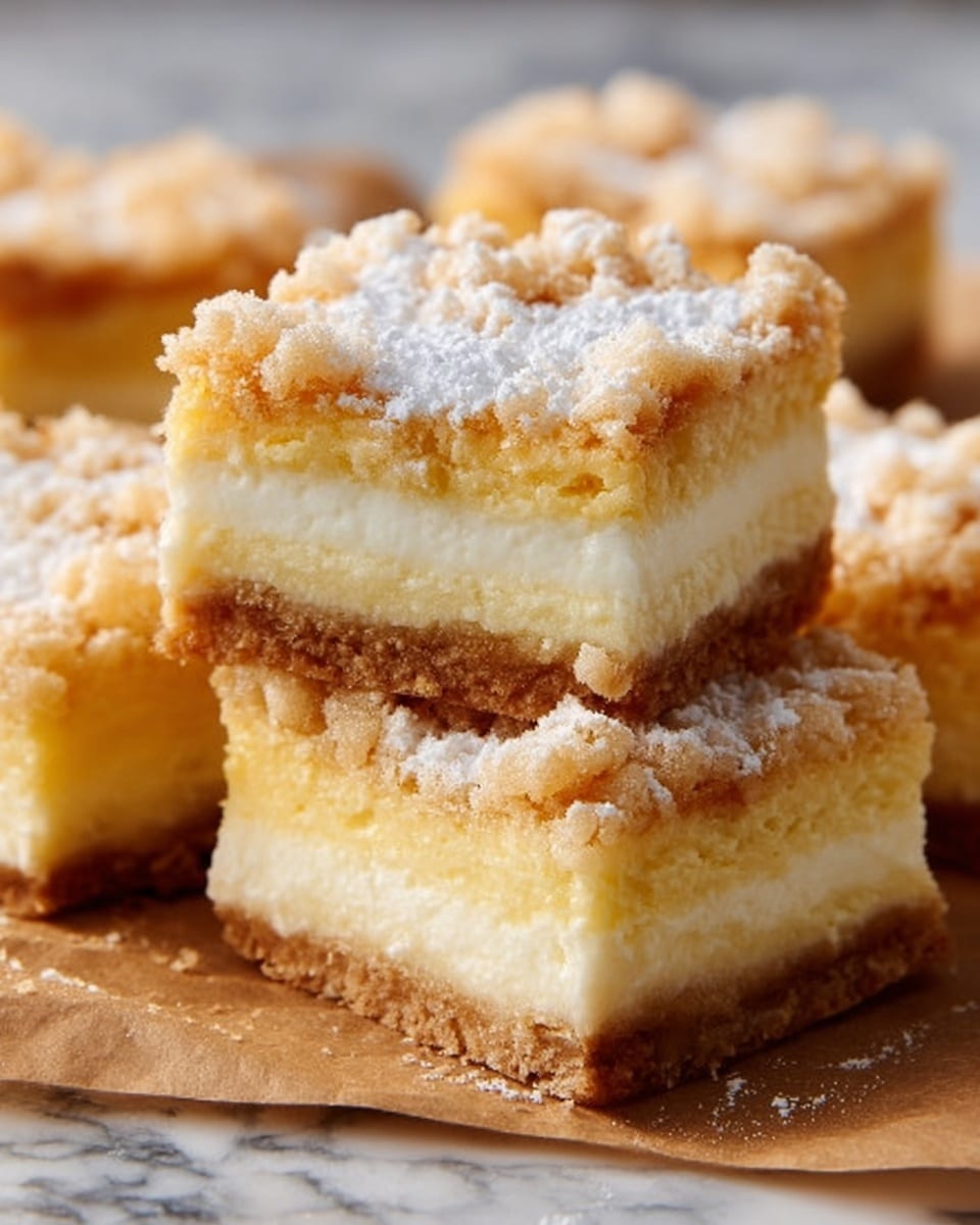 The image shows several square-shaped dessert bars stacked and placed closely together on a wooden board, which is lying on a white marbled surface. Each bar has three distinct layers: the bottom layer is a light golden, crumbly crust; the middle layer is a thick, smooth, creamy yellow filling; and the top layer is a crumbly, golden-brown topping dusted lightly with powdered sugar. The edges of the bars are clean and the texture of the crust and topping looks crunchy, while the filling is soft and dense. The overall look is warm and inviting, with the bars slightly uneven on top, showing the crumbly texture clearly. Photo taken with an iphone --ar 4:5 --v 7