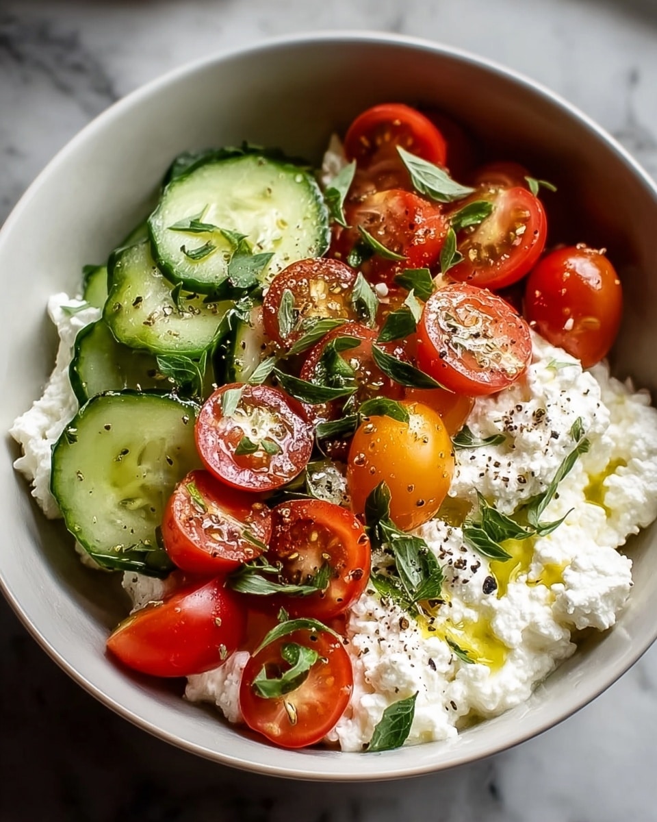 A close-up view of a white bowl filled with a fresh salad consisting of three main layers: the bottom layer is white cottage cheese with a soft, crumbly texture; on top are thick slices of bright red cherry tomatoes and cool, light green cucumber slices with dark green edges; scattered throughout are small, fresh green basil leaves. The salad is sprinkled evenly with coarse black pepper and drizzled with a light golden olive oil. The bowl rests on a white marbled surface. Photo taken with an iphone --ar 4:5 --v 7
